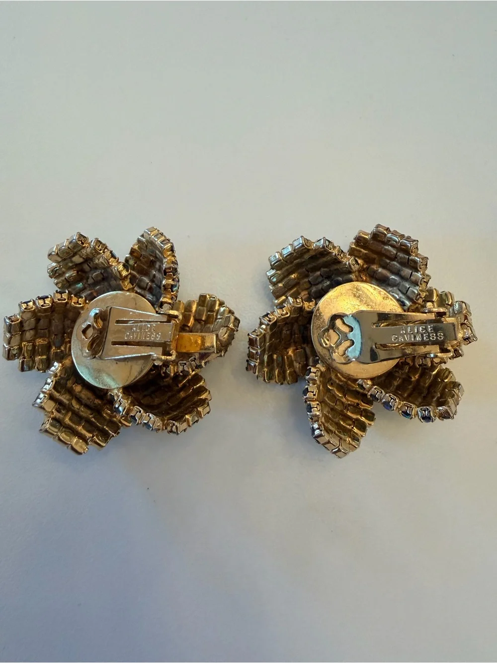 Vintage Alice Caviness Aurora Borealis (AB) rhinestone Flower Clip-On Earrings